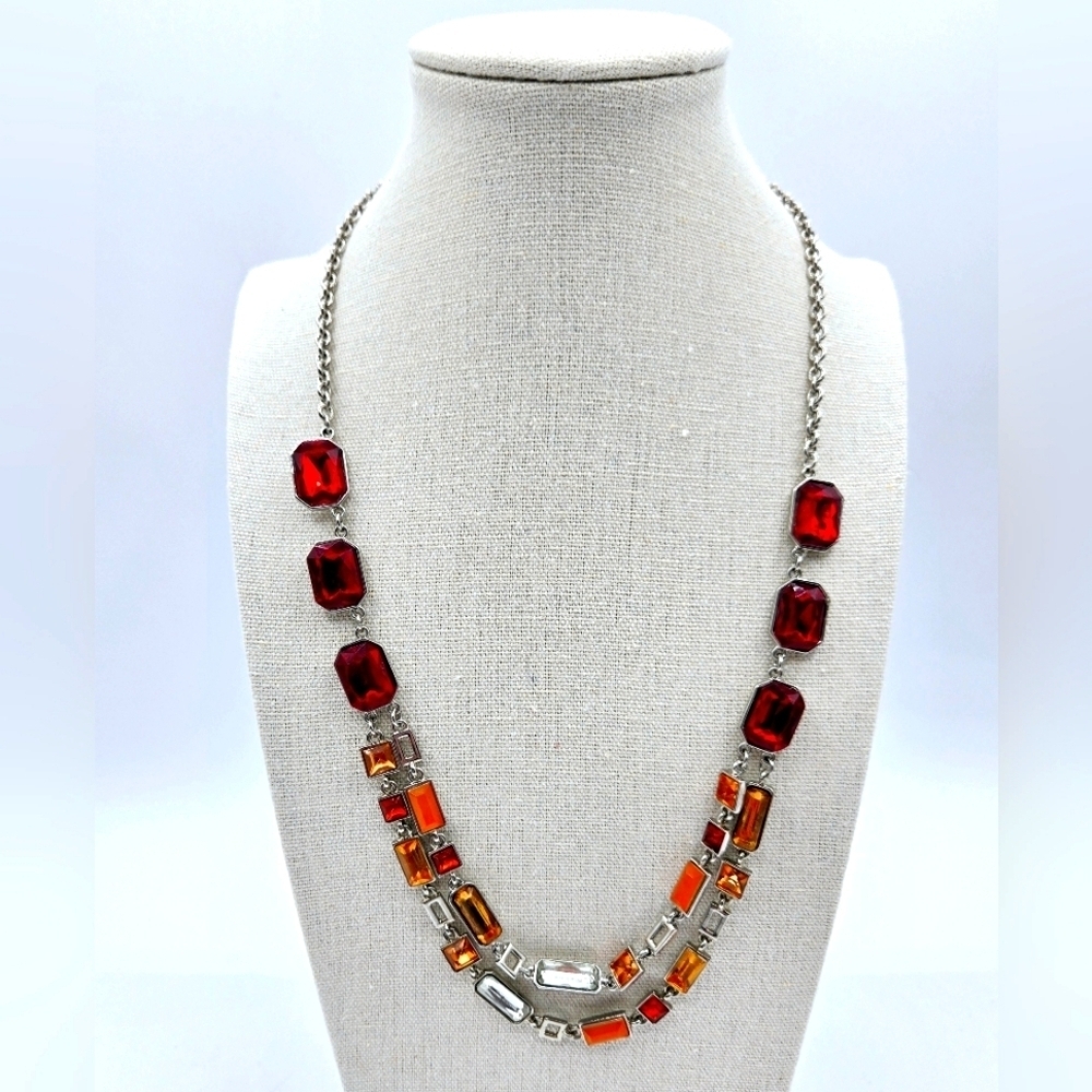 LOFT NWT Silver Statement Necklace Vibrant Red & Tangerine Rhinestones